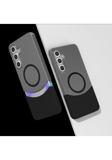 Samsung Galaxy Uyumlu S25 Kılıf Magsafe Şarj Kartlıklı Mıknatıslı Duble 1.7mm Kapak Kart Bölmeli Lacivert S