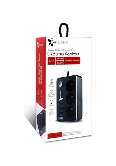 Fulltech FTR-02 3'lü Termal 2 M Akım Korumalı Priz Siyah