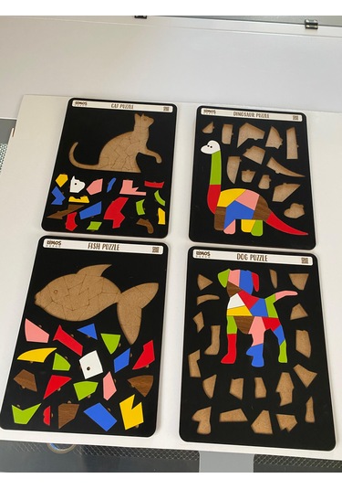 Dinozor, Kedi, Köpek Ve Balık Sevimli Hayvanlar Puzzle 4'Lü Set