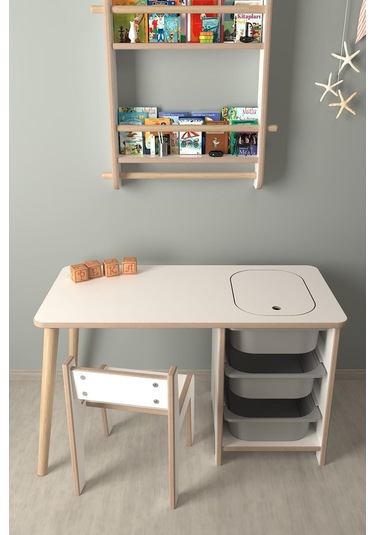 Çocuk Oyun Ve Aktivite Masası - 1 Sandalye - Gri Sepetli Beyaz-gri Beyaz - Gri