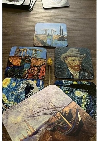 Van Gogh Temalı Ahşap Bardak Altlığı, 6'lı Set 9x9cm 1