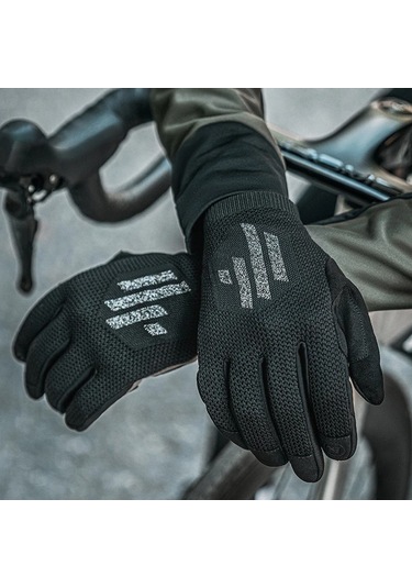 Rockbros S338 Erkek Bisiklet Eldiveni Yol Bisikleti Dokunmatik Ekran Tam Parmak Örme Eldivenler - M