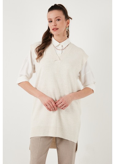 Lela V Yaka Arkası Uzun Triko Bayan Süveter 4616082Y Taş