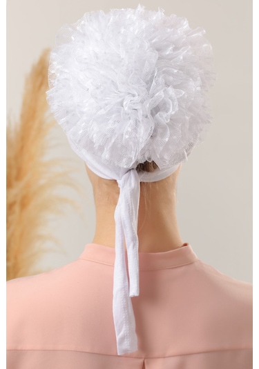 Tesettür Fırfırlı Bone Beyaz Beyaz