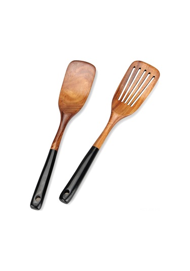 Kangvka 2 Parça Sağlıklı Ahşap Mutfak Spatula Seti - Yuvarlanabilir Ve Delikli, Teflon Tencere Uyumlu, Dayanıklı Ahşap Kürdan Siyah