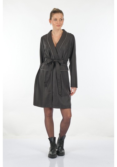 Unique Mode V Yaka Çizgili Uzun Kollu Siyah Kadın Elbise Uw233503 001