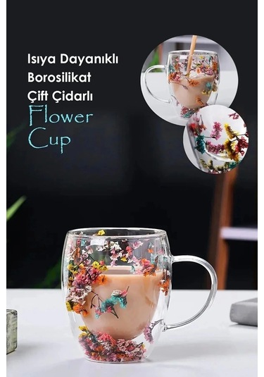 Çeyizci Çarşı 2li Çift Cidarlı Flower Cup 350ml Çiçekli Bardak Kahve Çay Bardağı El Yapımı Kulplu Cam Bardak Set Şeffaf