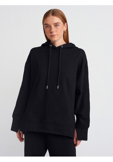 Dilvin 40403 Dikiş Esprili Yırtmaçlı Sweat Siyah