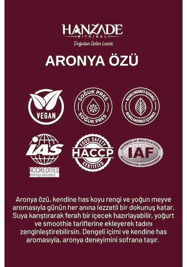 Hanzade Bitkisel Aronya Özü 500 Ml Soğuk Pres, Yoğun Tat, Cam Şişe