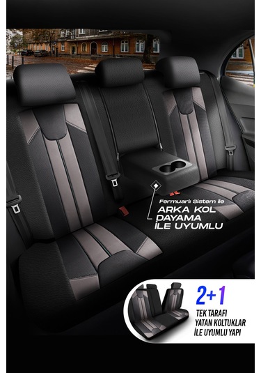 Siyah - Gri Panda Carlone Serisi Ful Deri Oto Koltuk Kılıfı - Tam Set