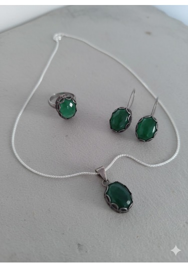 Yeşim Taşlı Gümüş Set Bronz