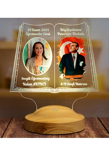 Öğretmene Hediye Renkli Öğretmen Resmi Baskılı Renklendirilmiş Atatürk Görselli 24 Kasım Hatırası Led Lamba Çok Renkli