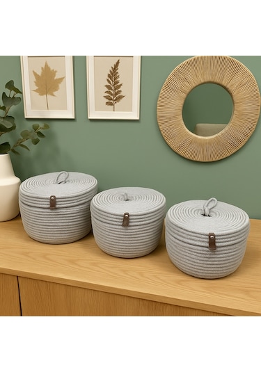 Safari 3'lü Kapaklı Bombeli Hasır Görünümlü Jüt Sepet Gri