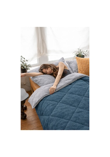 Özel Çantali Çift Kişilik Lüx Gri Wellsoft Yorgan Çift Taraflı 195 X 215 Lacivert