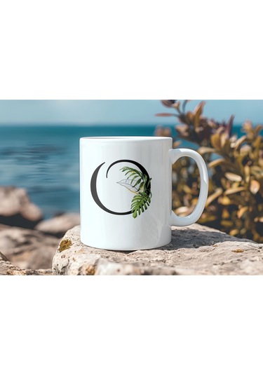 O Harf Zarif Yaprak Desenli Kupa Bardak - Naturel Sade Alfabe Harfli Bardak - Kişiye Özel Hediye Beyaz