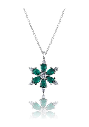 Zanaatsilver 925 Ayar Gümüş Zincirli Yeşil Taşlı Rodyum kaplama Lotus Kamelya Çiçeği Kolye