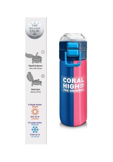 Coral High Erkek Çocuk 500 Ml Okul Ve Günlük Paslanmaz Çelik Termos - Mavi Pembe Renkli Çizgili - Sızdırmaz Çok Renkli