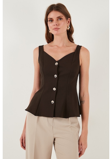 Lela Fitted Fit V Yaka Düğmeli Bayan Yelek 611Fyl145 Kahve