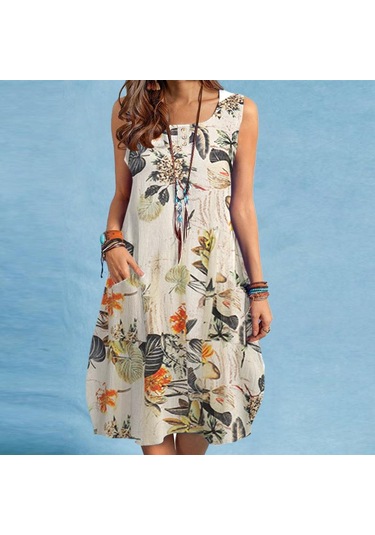 Sarı Zanzea Kadın Günlük Çiçek Baskı Yaz O-boyun Kolsuz Elbise