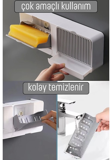 2 Bölmeli Yapışkanlı Duvara Monte Mutfak Banyo Katı Sabunluk Gri