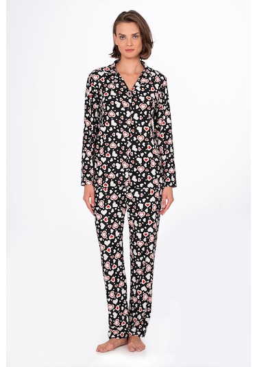 Kadın Süet Önden Düğmeli Pijama Takımı Kalpli Kırmızı Kalp