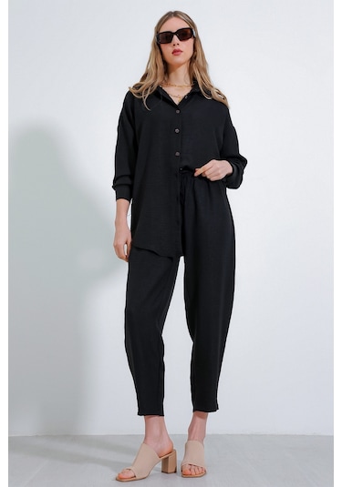 Kadın Siyah Oversize Keten Alt Üst Takım 6622 6622bgd19-001-14413 001