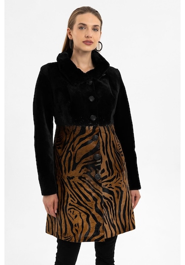 Jade Siyah Ve Leopar Desenli Kadın Hakiki Deri Kaban-siyah Siyah