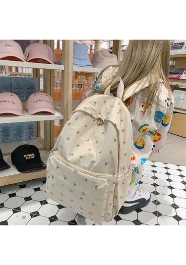 Kadınlar İçin Moda Çiçekli Sırt Çantası Su Geçirmez Sırt Çantası Genç Büyük Kapasiteli Öğrenci Okul Çantası Seyahat Kızlar White Beyaz