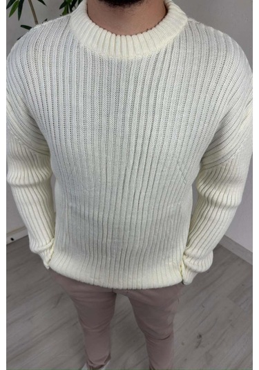 Explode - Erkek Ekru Bisiklet Yaka Oversize Triko Kazak Ekru