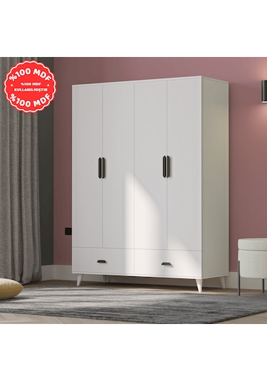 İnci 4 Kapaklı 2 Çekmeceli Gardırop Beyaz %100 Mdf