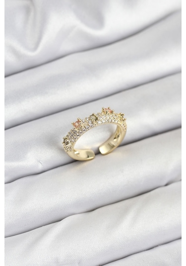 Pirinç Gold Renk Zirkon Taşlı Vintage Kadın Yüzük Çok Renkli