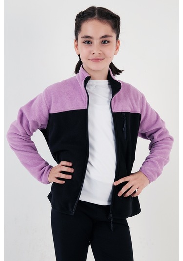 Lela Yumuşak Dokulu Fermuarlı Renk Bloklu Dik Yaka Cepli Hırka Unisex Çocuk Polar 5905001 Lila-Siyah