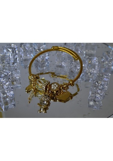 Uzel Çelik Bileklik Sarı Gold Model Beyaz Tavşan Charmlı Beyaz