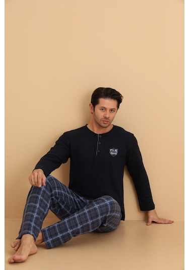 Flkn 7015 İnterlok Kışlık Ekose Pijamalı Erkek Pijama Takımı Lacivert