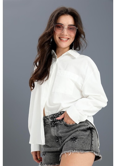 Gömlek Cepli Arkası Zincir Detaylı - Beyaz-beyaz Beyaz