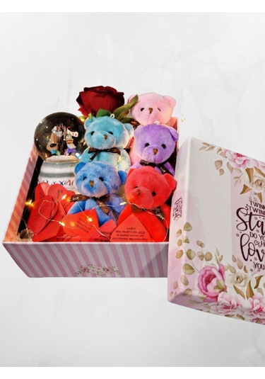 Romantik Hediye Kutusu Işıklı Kalpli Mesajlı Kar Küresi Ve Peluş Ayıcıklarla Dolu Sevgiliye Hediye Renkli