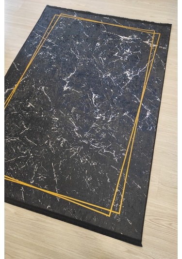 Siyah Gold Salon Halısı Mermer Desenli Siyah Mutfak Halısı