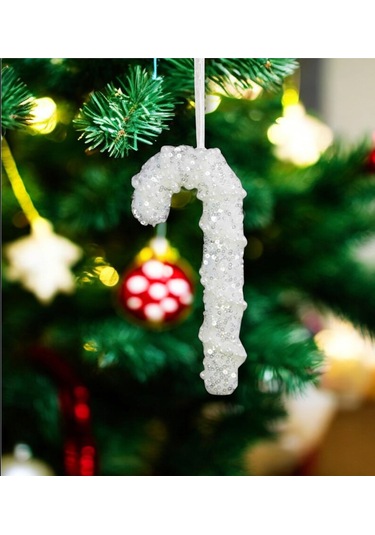 Yılbaşı Süsü İncili Simli Baston Beyaz 15 Cm