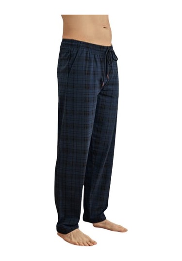 Ince Tek Alt Çok Rahat Ekoseli Pamuk Pijama İndigo