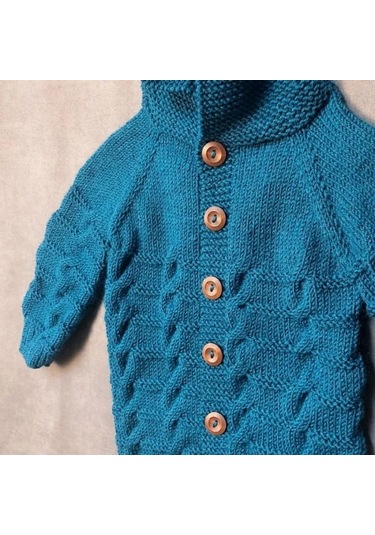 Uretti - Talia 8659 - 7872 El Örgüsü Mavi Kapüşonlu Erkek Çocuk Hırka - 2 / 3 Yaş Petrol Mavi