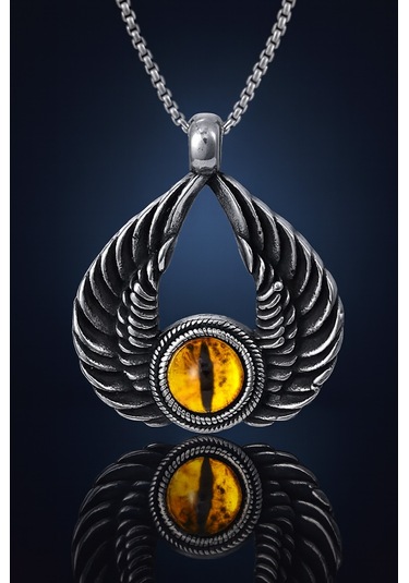 Dragon Eye Modeli Kanat Tasarımlı Sarı Göz Kolyeli Antik Çelik Erkek Kadın Kolye Gri - Sarı