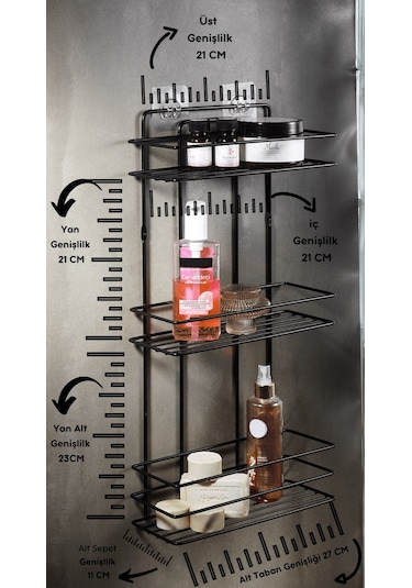 3 Katlı Siyah Yapışkanlı Banyo Rafı, Şampuanlık Duş Düzenleyici, Paslanmaz Metal Banyo Duvar Askısı - TŞ-03