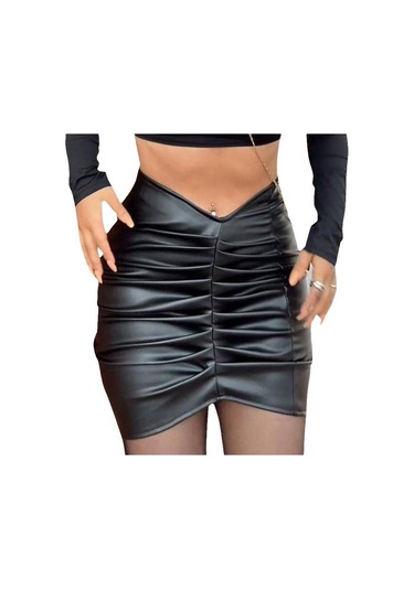 Şık Çanta Kalça Etek Mizaç Düz Renk Pileli Pu Kadın Etek Yakışıklı İnce Yüksek Bel A Kesim Etek Siyah