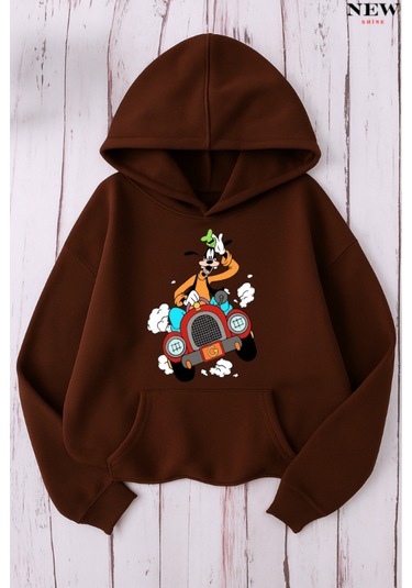 Arabalı Goffy Baskılı Sweatshirt Kahverengi