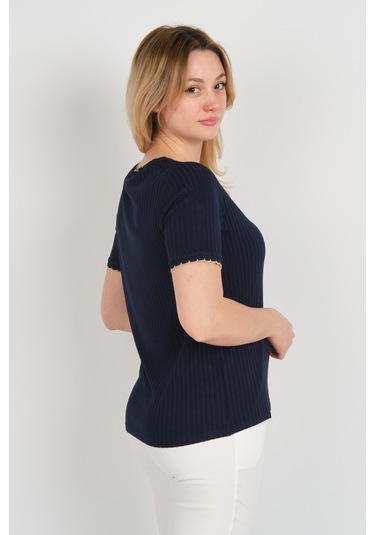 Ella Camelia Kadın Çizgili Bisiklet Yaka Kısa Kol Bluz 1e027 Lacivert Lacivert