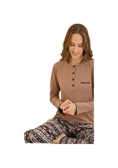 Mina Collection Kadın Pijama Takımı Uzun Kollu Yumuşak Dokulu E Kahve Rengı