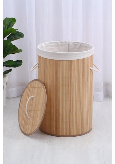 İronika Bambu Kirli Çamaşır Sepeti Halatlı Bambu Çamaşır Oyuncak Sepeti Yuvarlak Açık Kahverengi