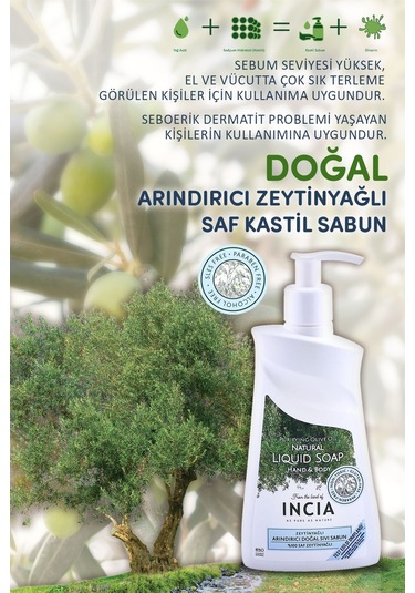 INCIA %100 Doğal Sıvı Kastil Sabunu Arındırıcı Zeytinyağlı 10 Bitkisel Değerli Yağ Vegan 250 ML