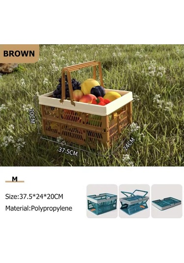 Kahverengi Açık Katlanır Taşınabilir Piknik Sepeti Taşınabilir Kamp Depolama Plastik Çerçeve Büyük Süpermarket Alışveriş Sepeti M Kahverengi