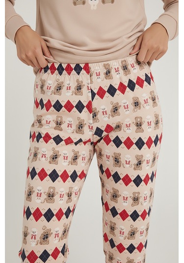 Luxury Thermal Bonjour Köpek Desenli Kadın Polar Kışlık Pijama Takımı 42042 Bej